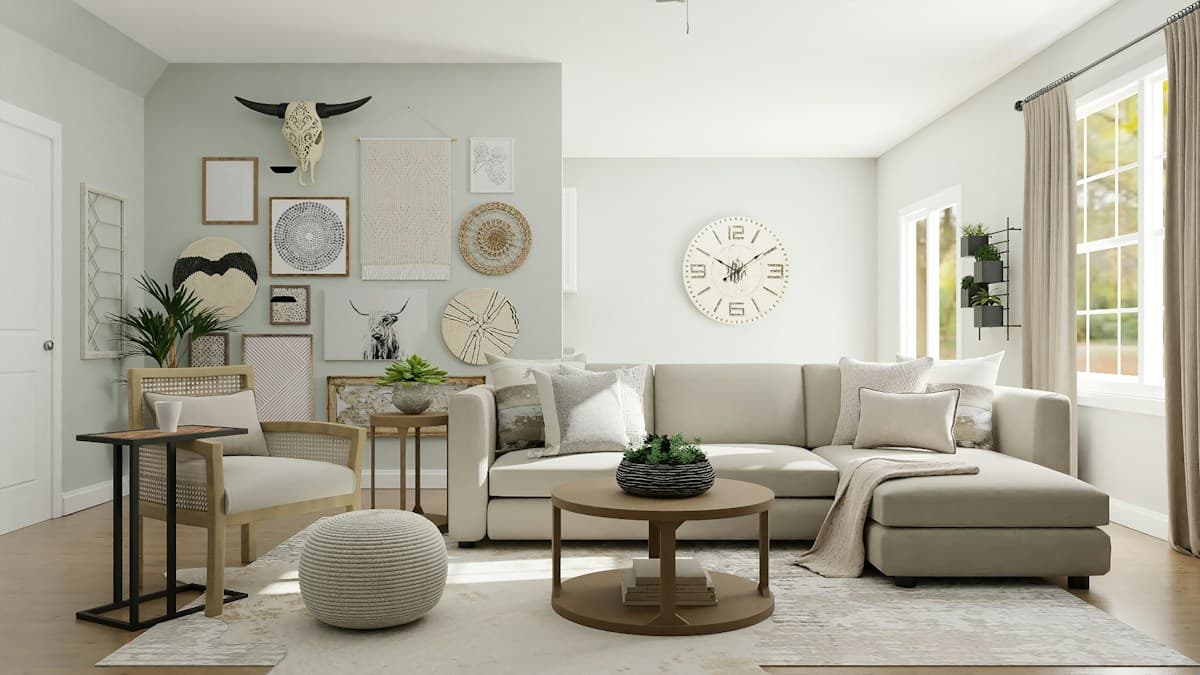 Warm layered living room with tactile accents