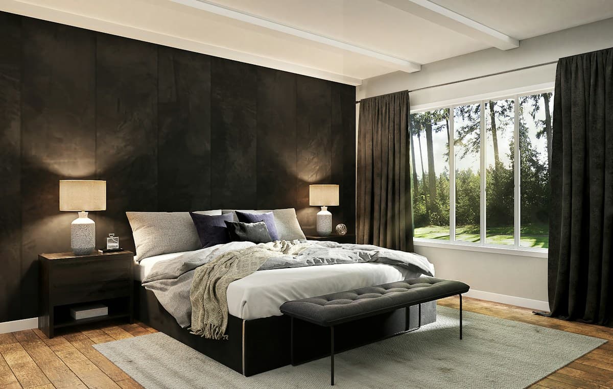 Modern exterior with warm wood and dark detailing